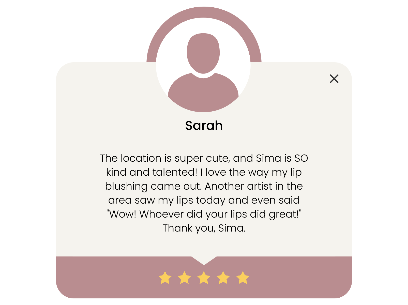 Profile card with a round avatar icon of a person, the name 'Sarah' in bold, a review praising the location and an artist named Sima, with five gold stars at the bottom.