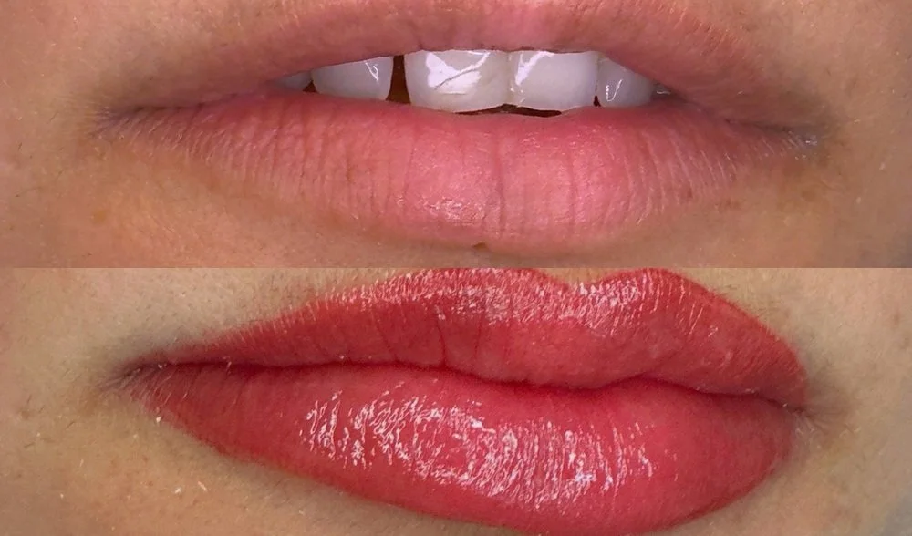 Lip blush before and after at Miss PMU in Carmel Valley, San Diego. Before: natural mauve-pink lips with a soft upper border. After: a warm coral-red with a crisply defined cupid's bow, photographed the same day.