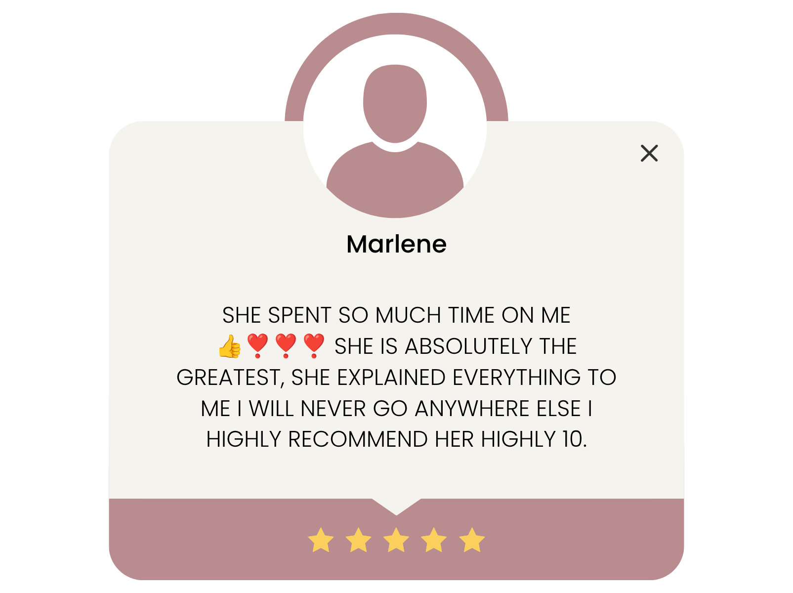 Review card with user icon, name Marlene, and positive testimonial text, including emojis, praising someone's qualities and recommendation.