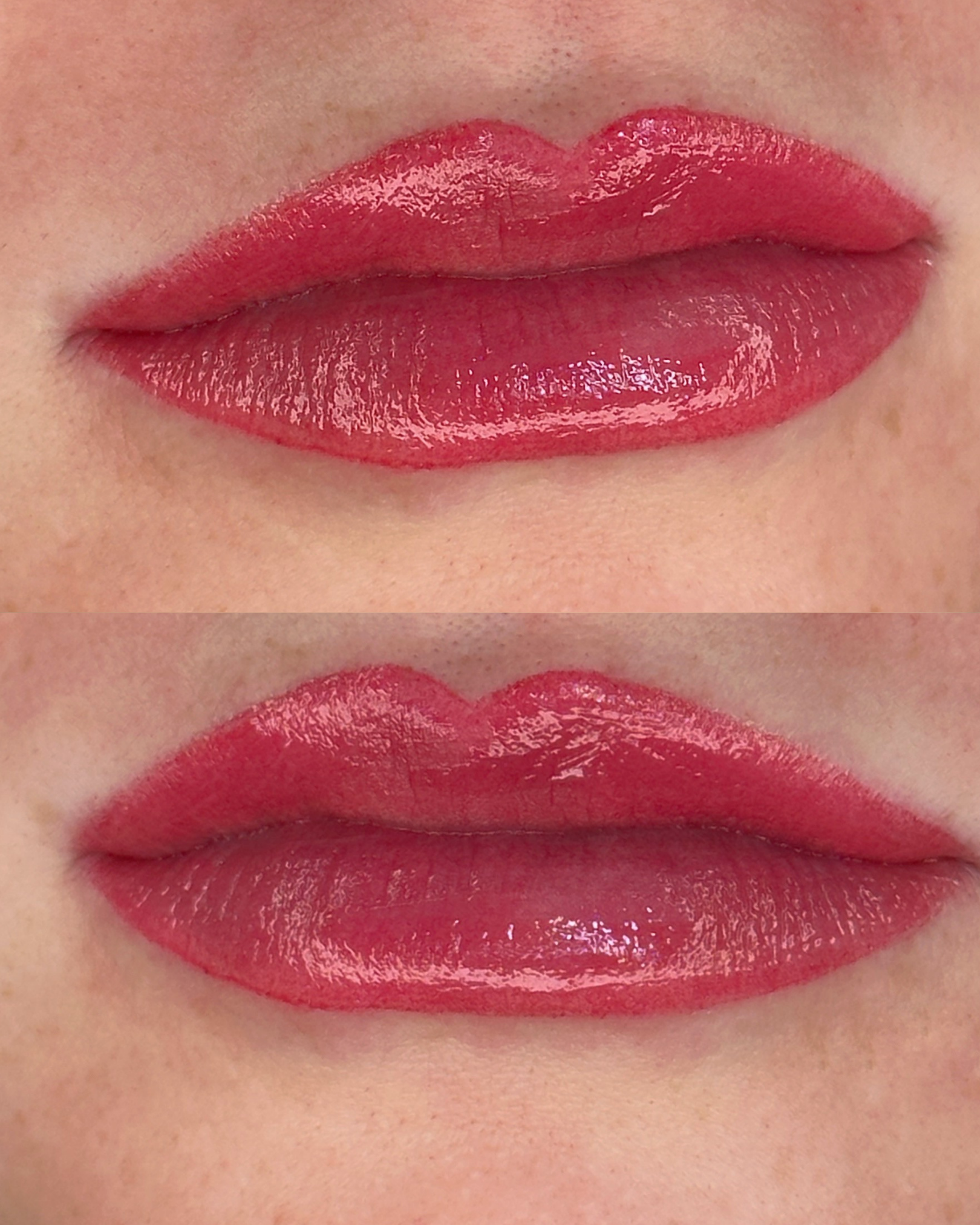 Lip blush before and after - fuller-looking color and a crisp lip border, permanent makeup at Miss PMU Del Mar.