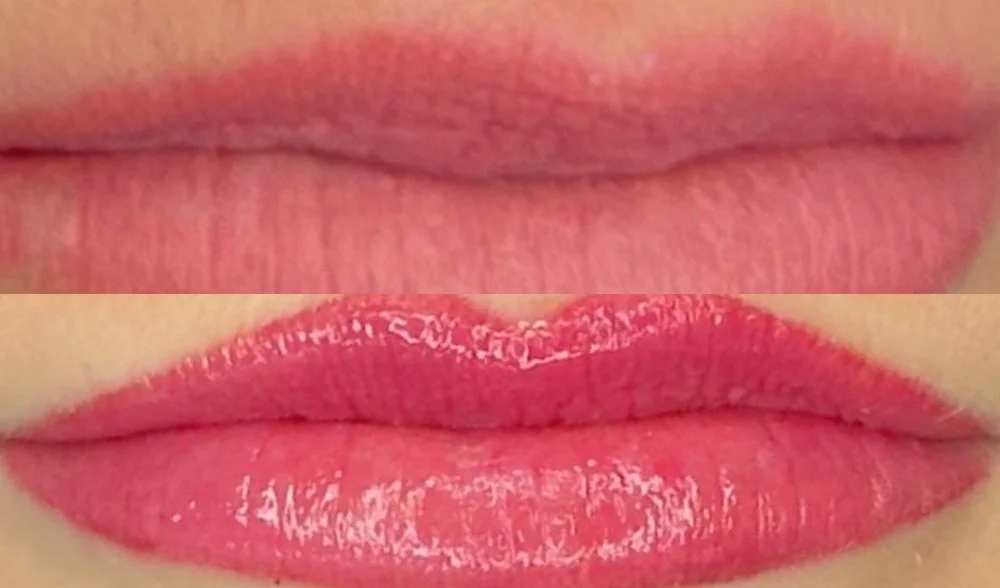 Lip blush before and after at Miss PMU in Carmel Valley, San Diego. Before: pink lips with a soft, uneven border. After: a deeper rose with a clearly defined lip line, photographed the same day.