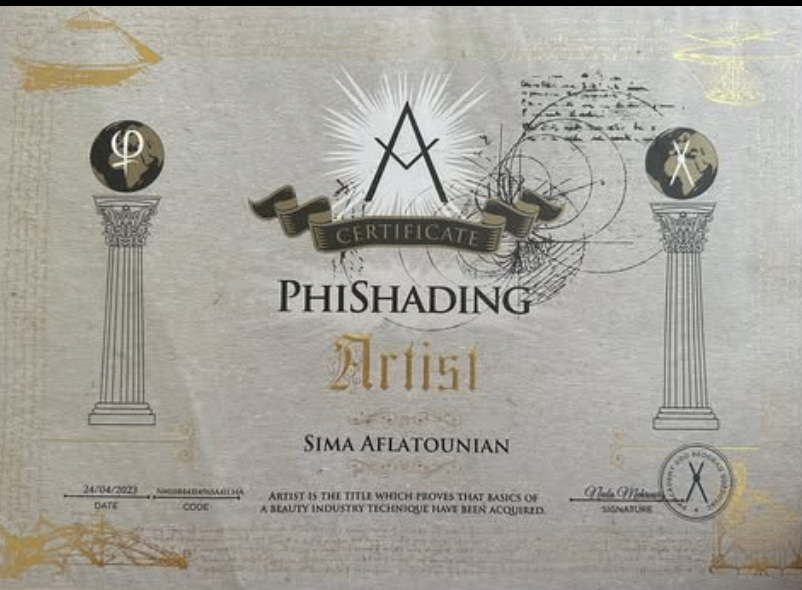 Certificate titled 'Phishing Artist' awarded to Sima Aftounian, featuring gothic-style columns, a large 'A' with rays of light, and symbols representing the occult or esoteric themes.