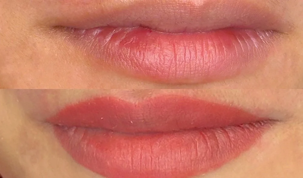 Lip blush before and after at Miss PMU in Carmel Valley, San Diego. Before: very pale lips with almost no colour. After: an even warm coral with a defined cupid's bow, photographed the same day.