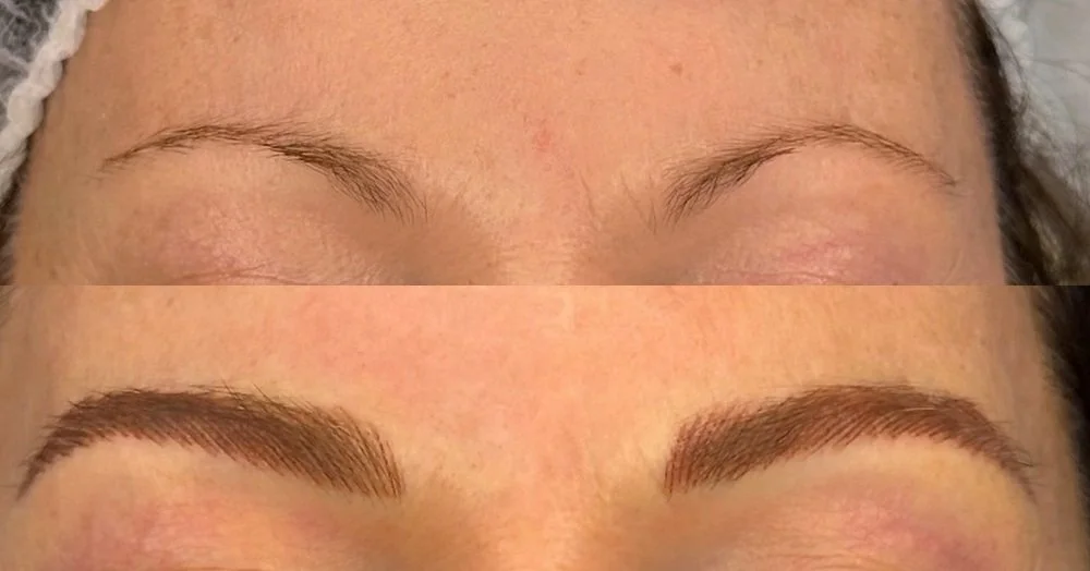 Nano brows before and after at Miss PMU in Del Mar, September 2026: sparse brows that fade at the tails, then full hair-stroke brows photographed right after the appointment.