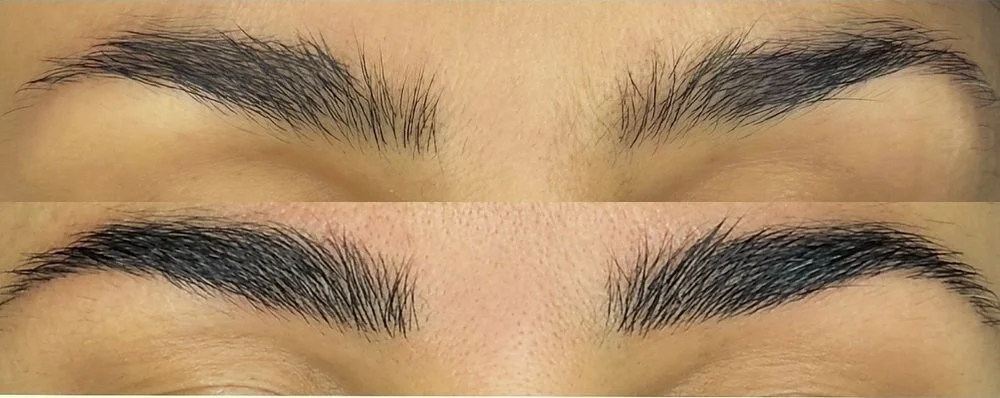 Microblading before and after at Miss PMU in Carmel Valley, San Diego. Before: brows with gaps through the arch and thin, sparse tails. After: full, evenly dense brows with a defined shape and soft tails, built from fine individual hair strokes.