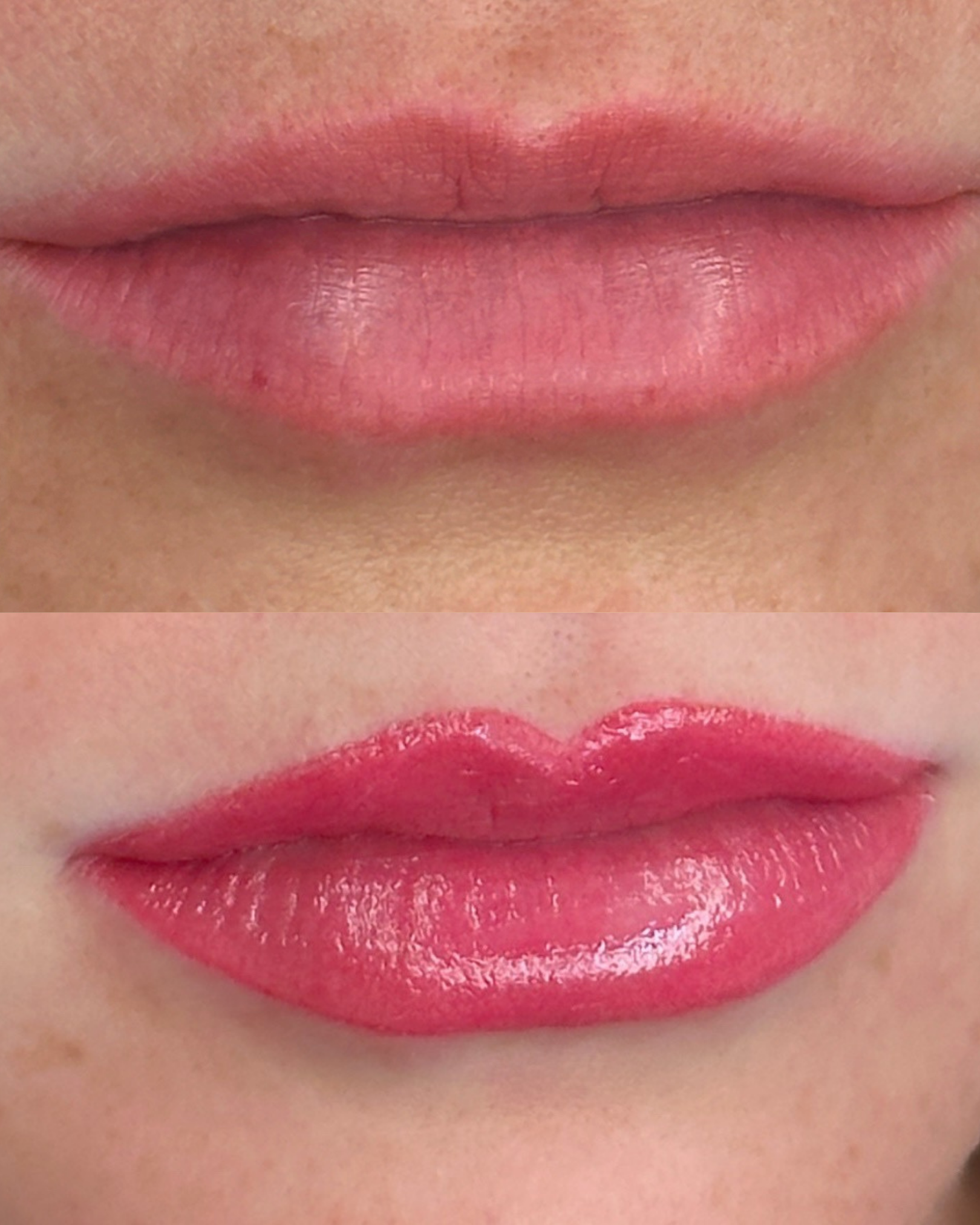Lip blush before and after showing richer, more even lip color after one session at Miss PMU, Del Mar.