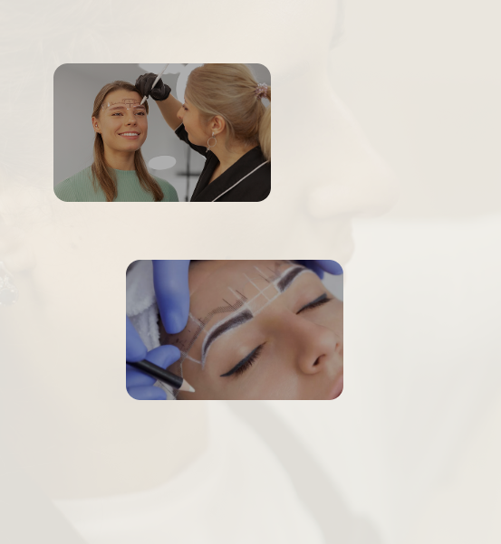 Top image shows a woman getting her eyebrows shaped or waxed by a professional. Bottom image shows a woman undergoing an eyebrow tattooing or microblading procedure by a technician wearing blue gloves.