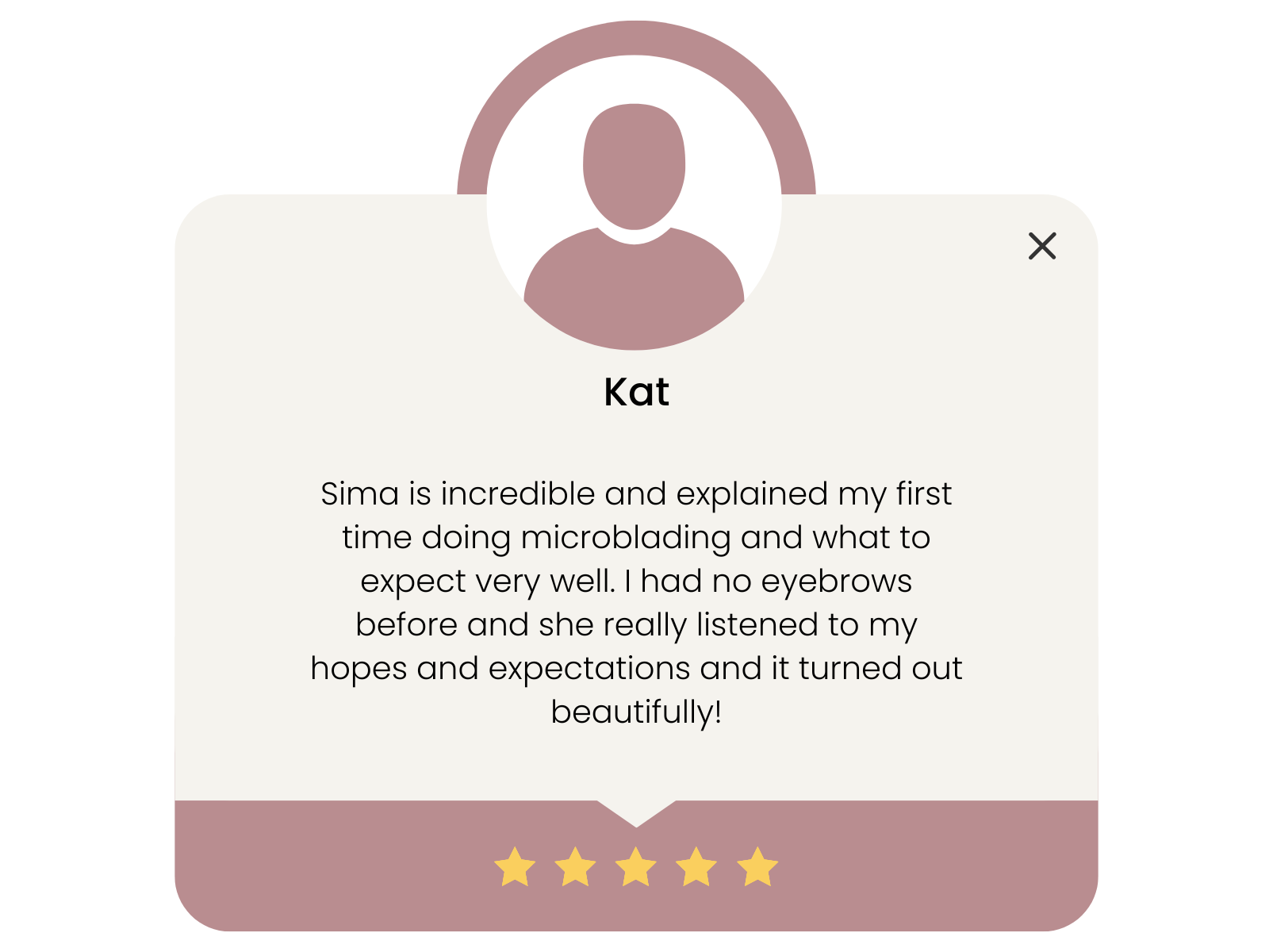 A review card with a profile icon at the top, the name Kat, and a testimonial about a microblading experience praising Sima. The bottom has a five-star rating.