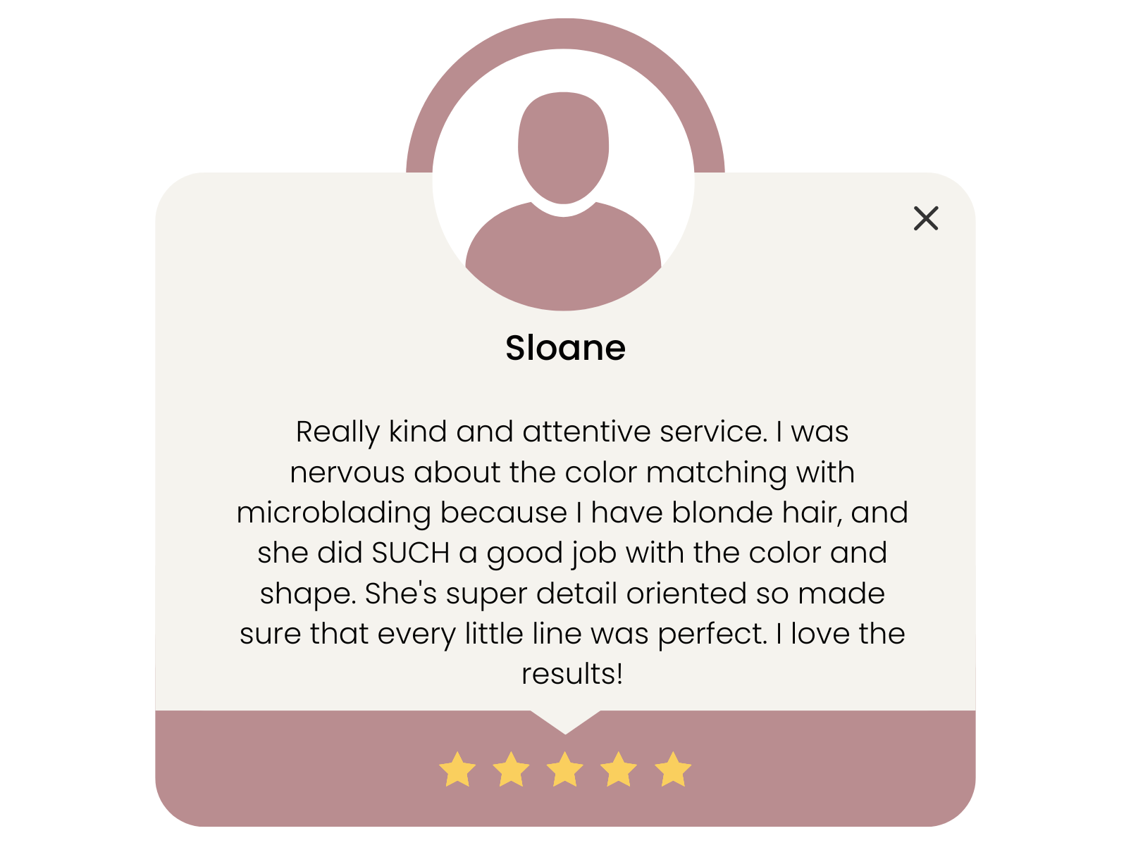 Review card with user profile icon, name Sloane, customer testimonial about excellent service and hair color matching, five-star rating at the bottom.