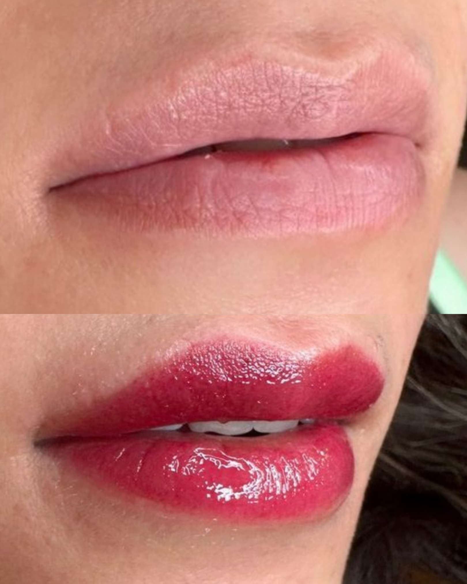 Lip blush before and after from an angle, showing a defined cupid's bow and even tone. Miss PMU, Del Mar.