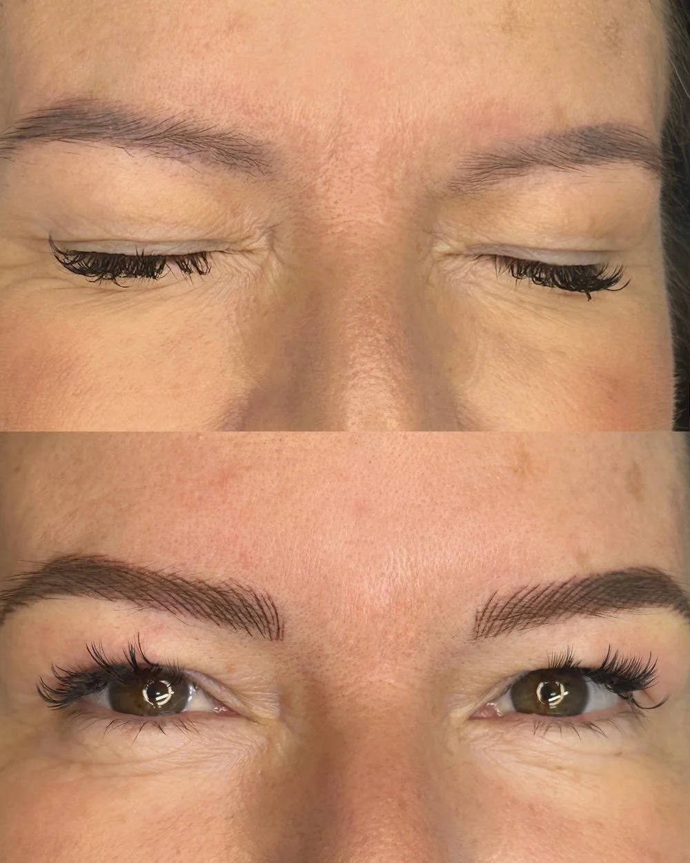 Nano brows before and after at Miss PMU in Del Mar: sparse brows filled in with individual hair strokes, photographed with the eyes closed.