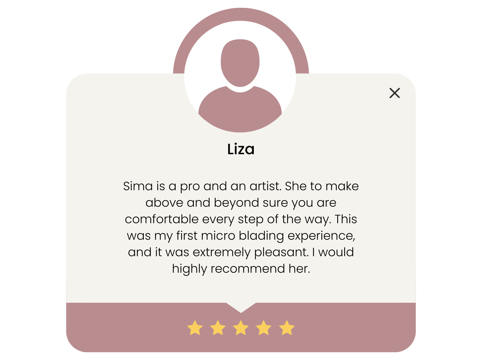 Profile card of Liza, a professional artist, with a circular photo at the top, her name in bold, a review praising her microblading skills and a row of five gold stars at the bottom.