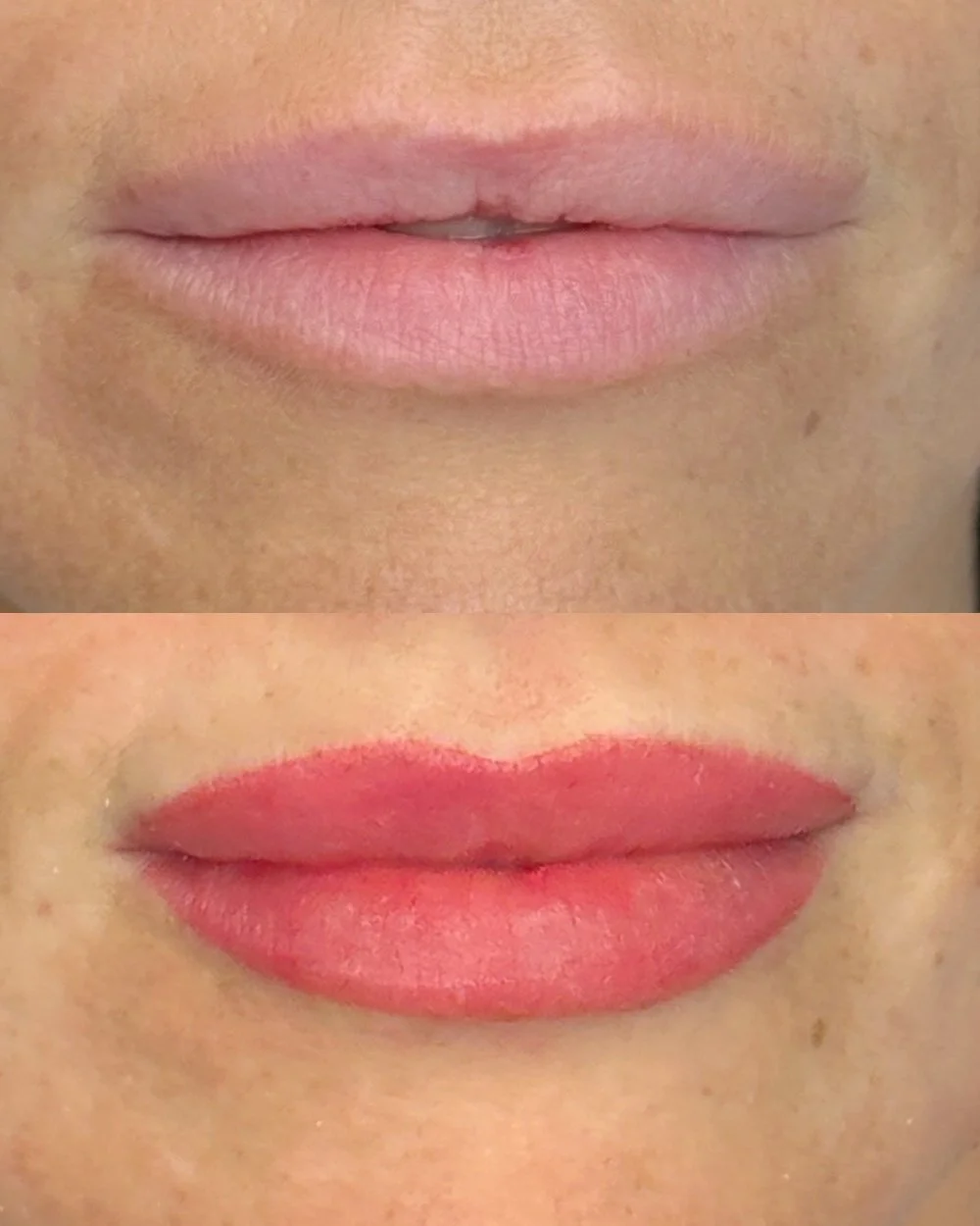 Lip blush before and after at Miss PMU Del Mar - pale, undefined lips before, soft natural pink color and a clear border after.