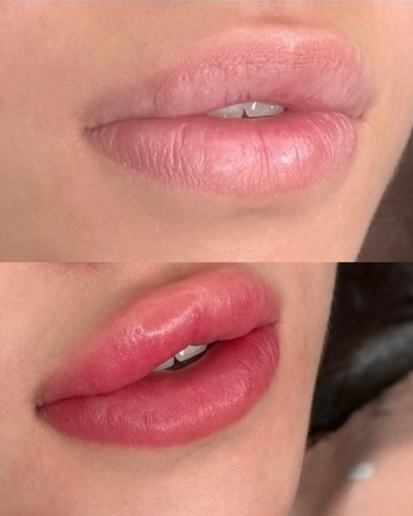 Lip blush before and after - even tone and a defined lip line, semi-permanent makeup by Miss PMU in Del Mar, San Diego.