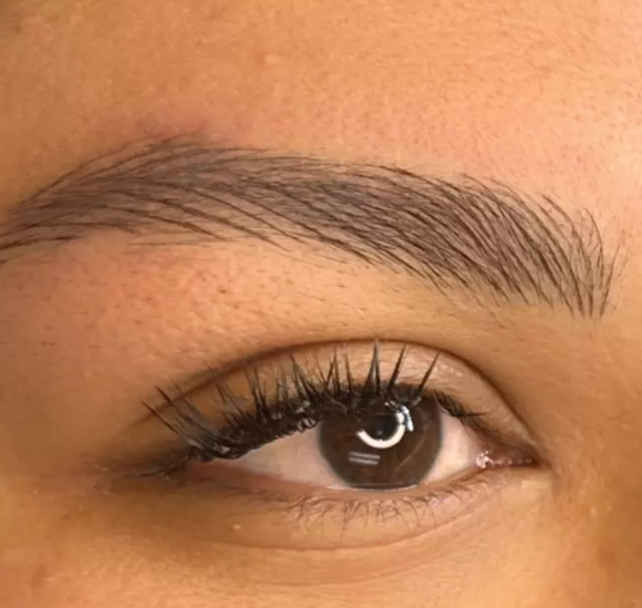 Close-up of a person's eye with well-groomed eyebrow and long eyelashes.