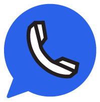 Blue speech bubble with a black telephone receiver icon inside.