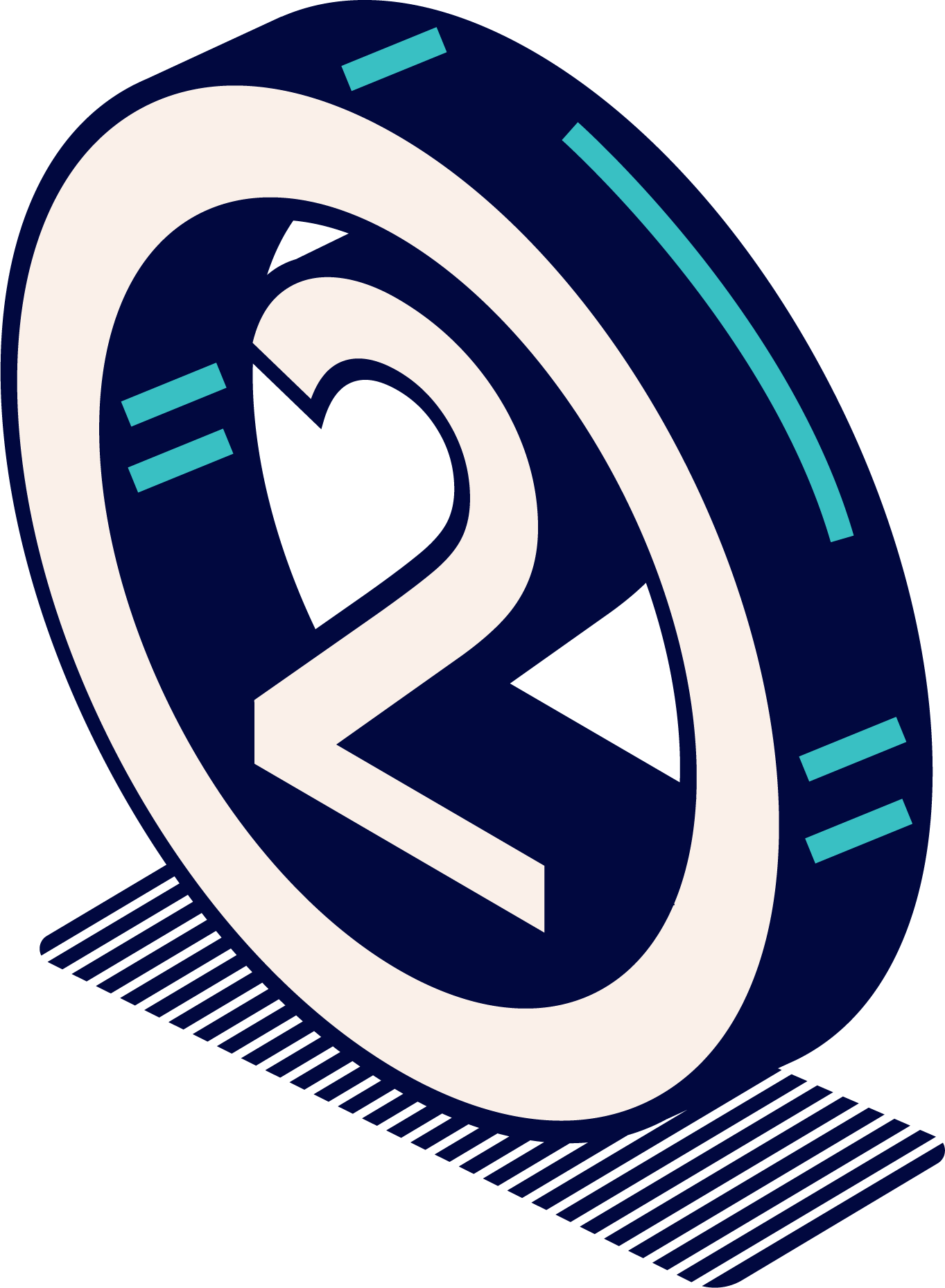 Isometric illustration of a circle with the number two inside.