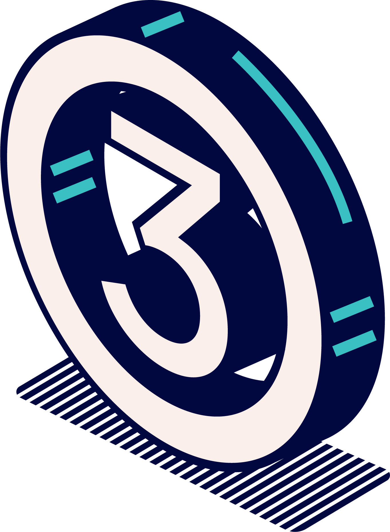 Isometric illustration of a circle with the number three inside.