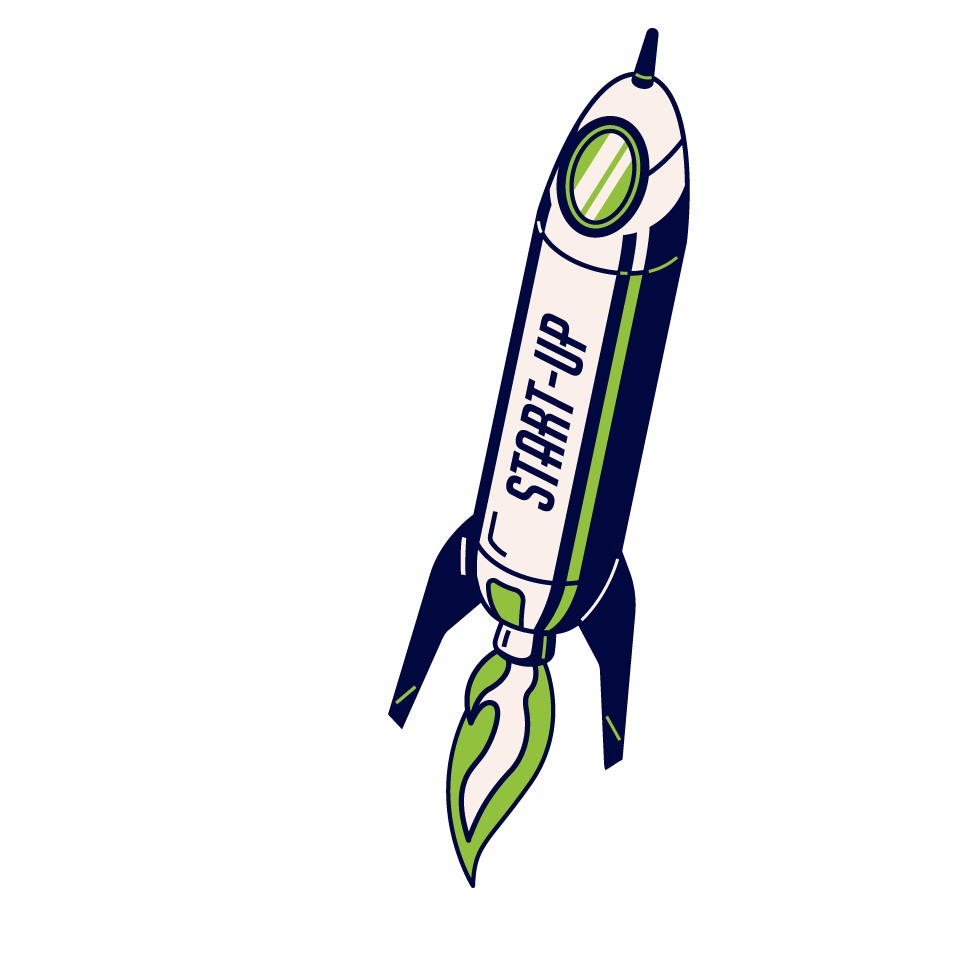 A cartoon illustration of a rocket with the words 'START-UP' written on the body, with a flame at the bottom indicating launch.