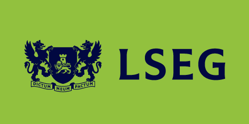 Green background with a blue crest featuring two lions and a shield, and the acronym 'LSEG' in bold blue letters.