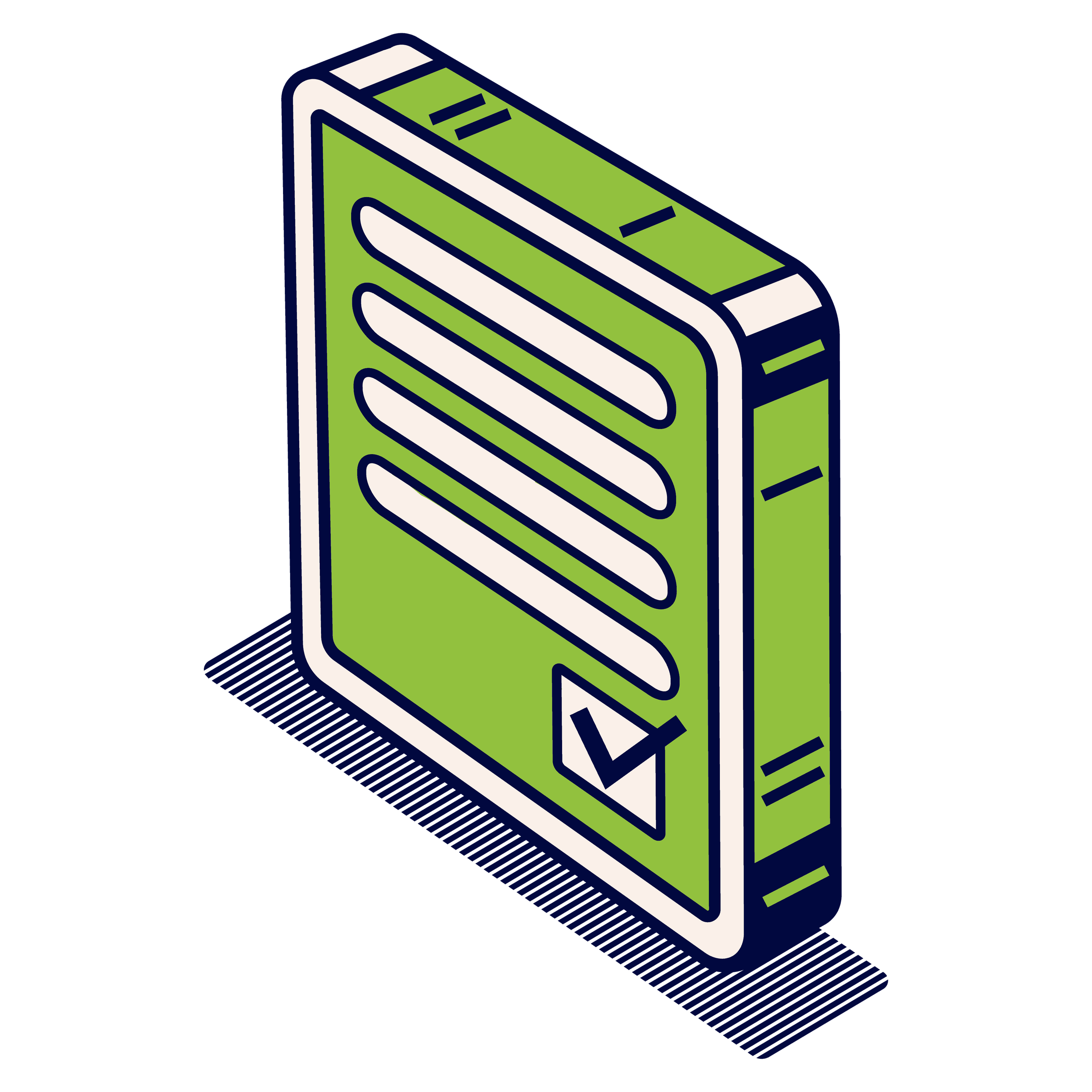 Isometric illustration of a green and white file folder with a checklist and checkmark icon.