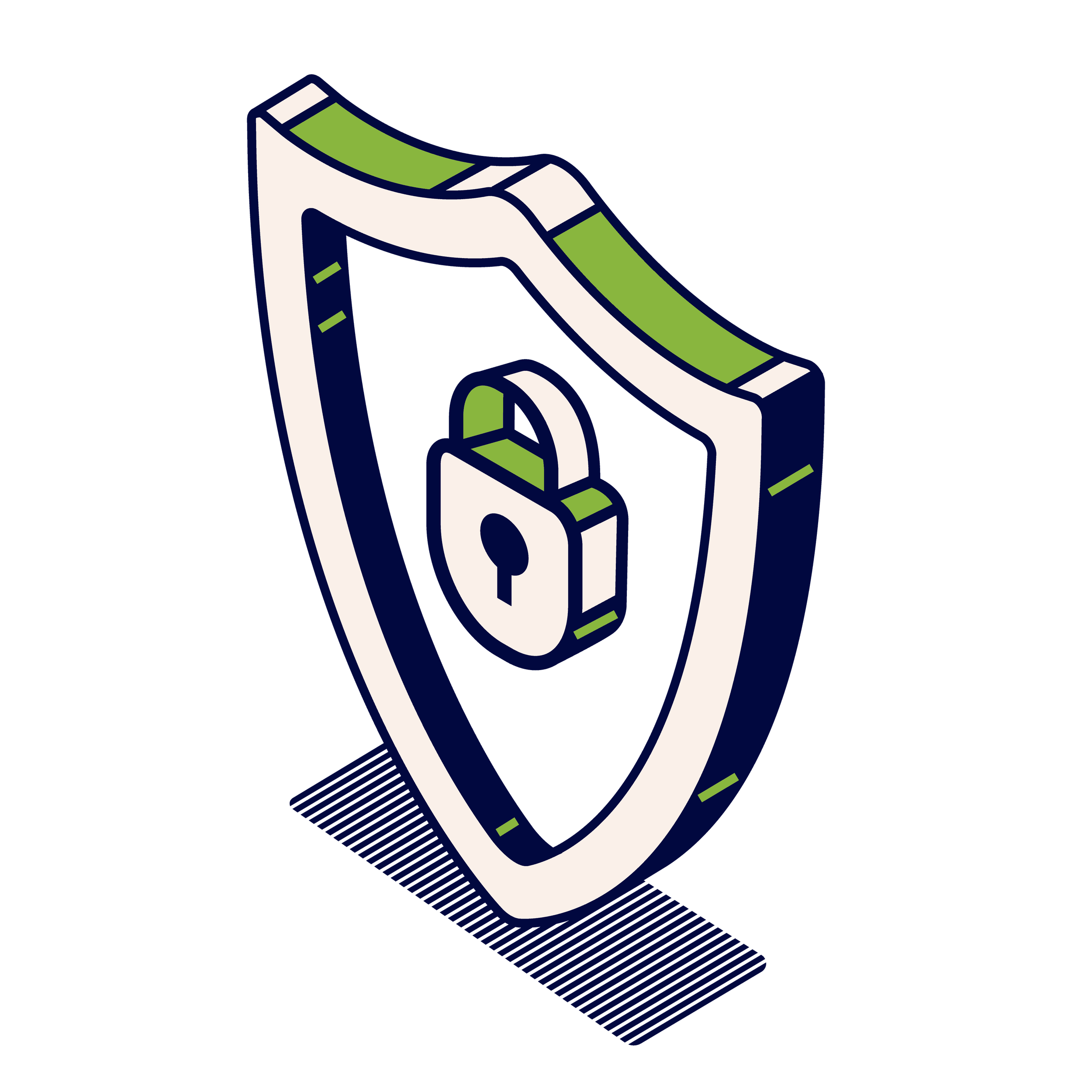 An illustration of a shield with a padlock in the center, symbolizing cybersecurity or data protection.