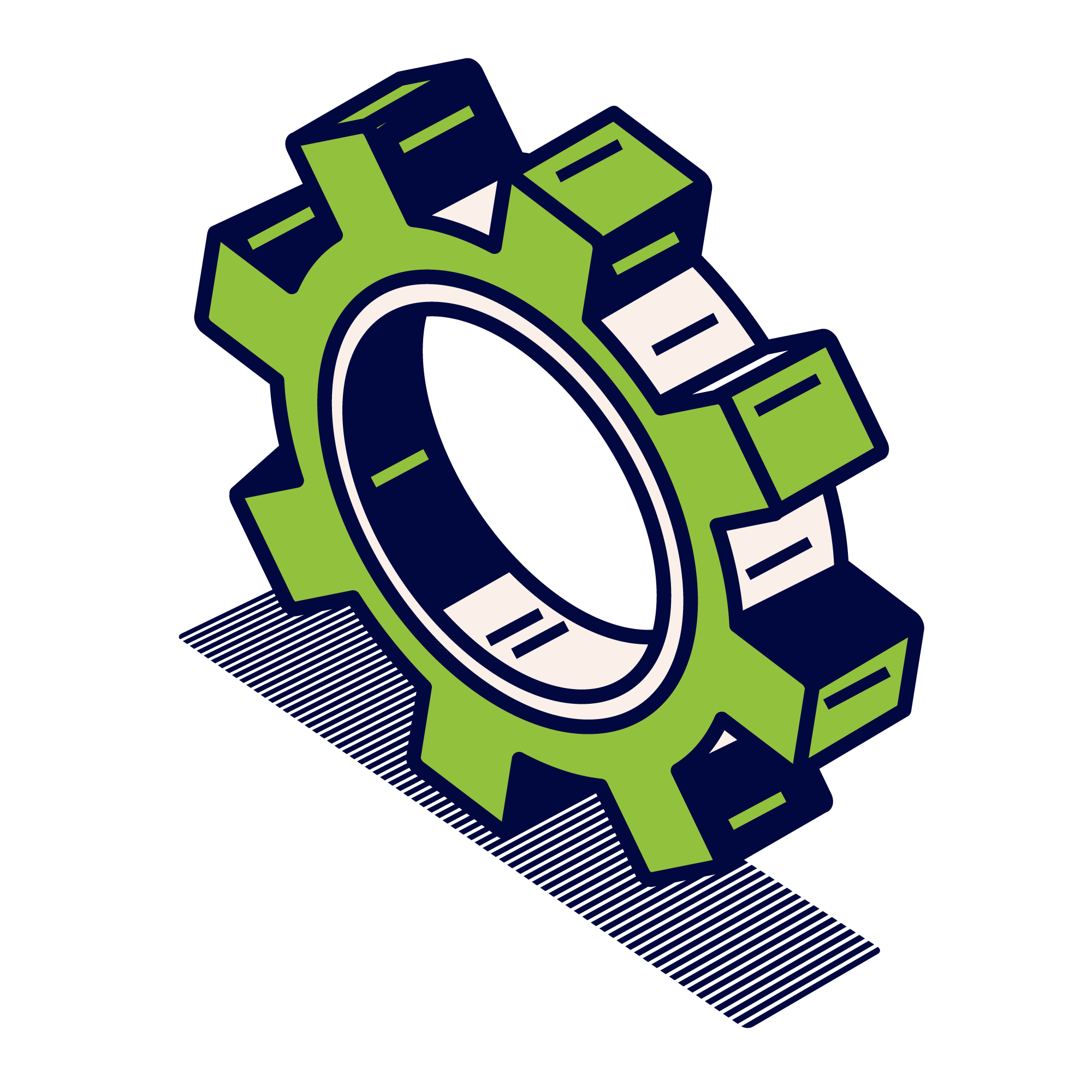 Illustration of a green and dark blue gear or cogwheel with an isometric perspective.