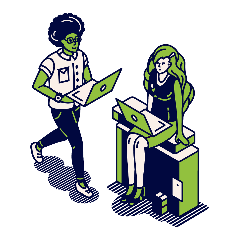 Two people working with laptops, one standing and one seated on a medical examination table or similar surface.