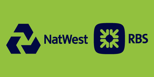 Logo of NatWest and RBS banks on a green background.