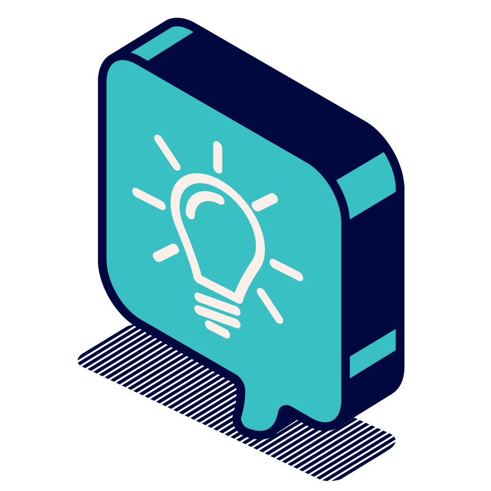 Isometric illustration of a tech device with a lightbulb on its screen, depicted in shades of blue.