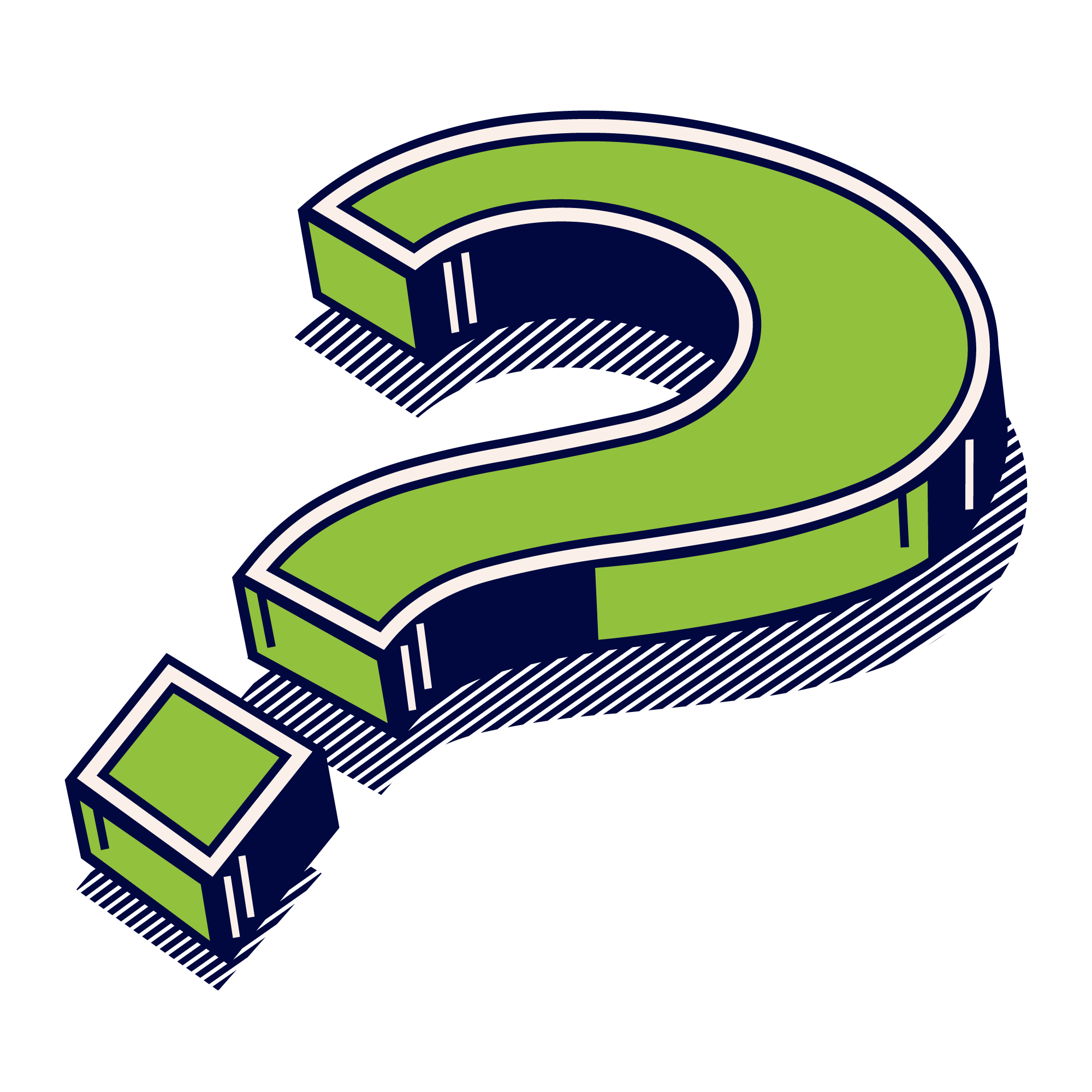 3D illustration of a large green and white question mark with an arrow pointing downward on a black background.