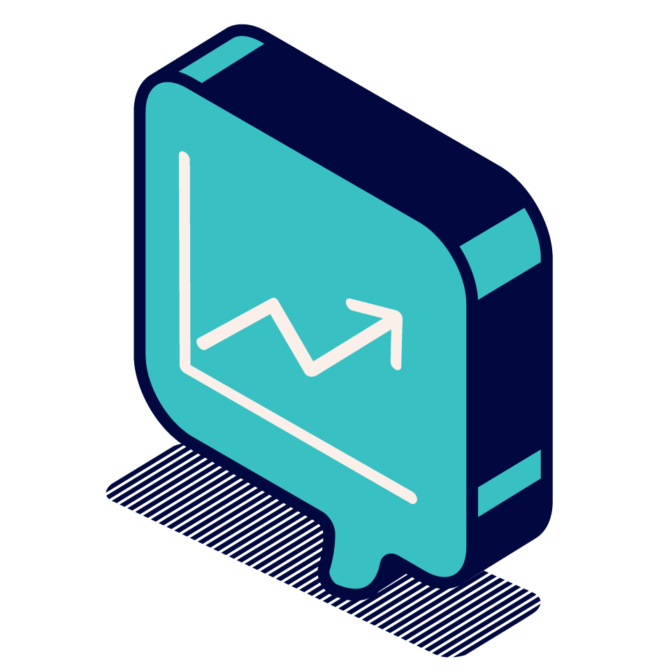Isometric illustration of a tech device with a chart with an upward arrow display on its screen, depicted in shades of blue.