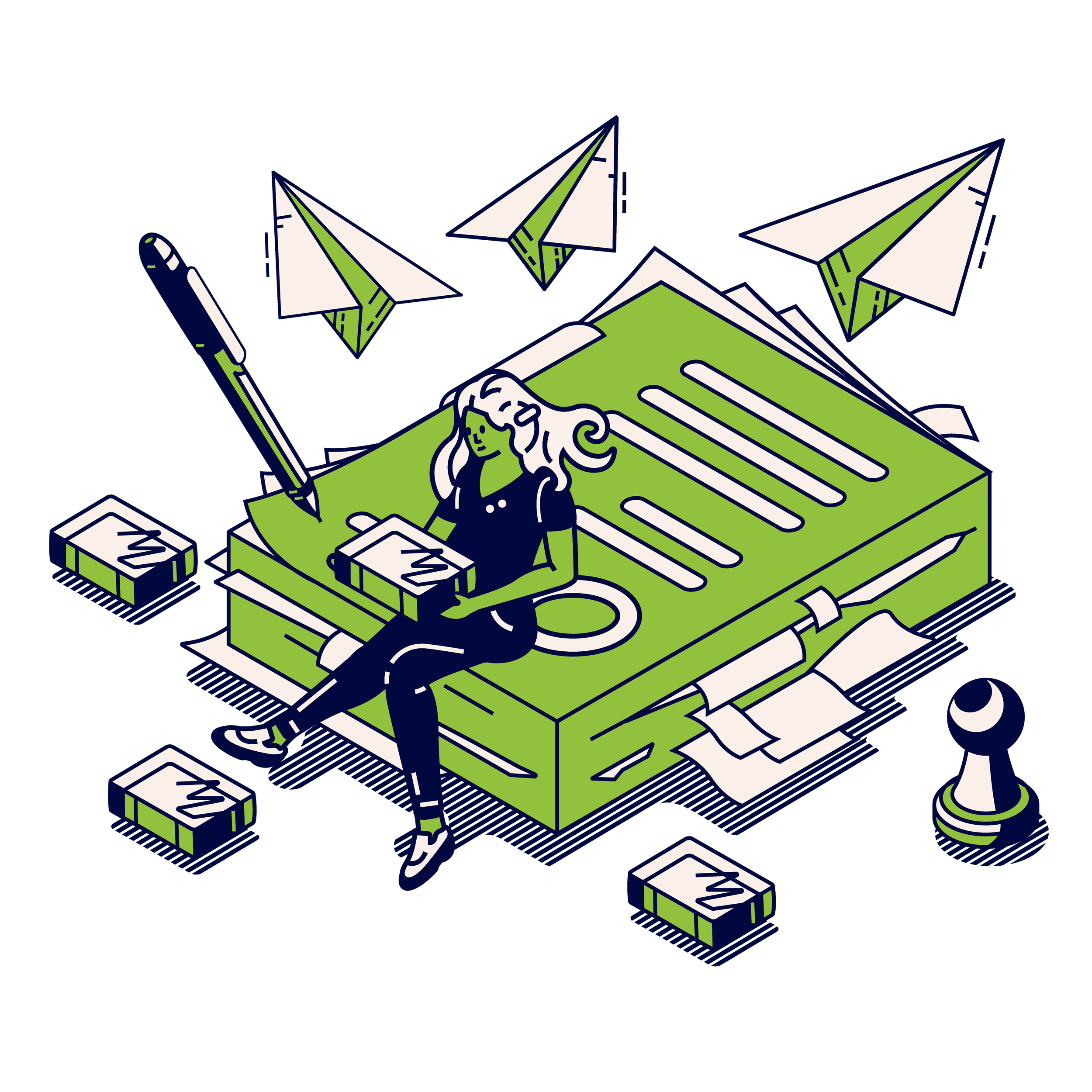 Illustration of a woman sitting on a large stack of money, writing with a pen, with paper airplanes flying above and surrounding her, and chess pieces nearby.