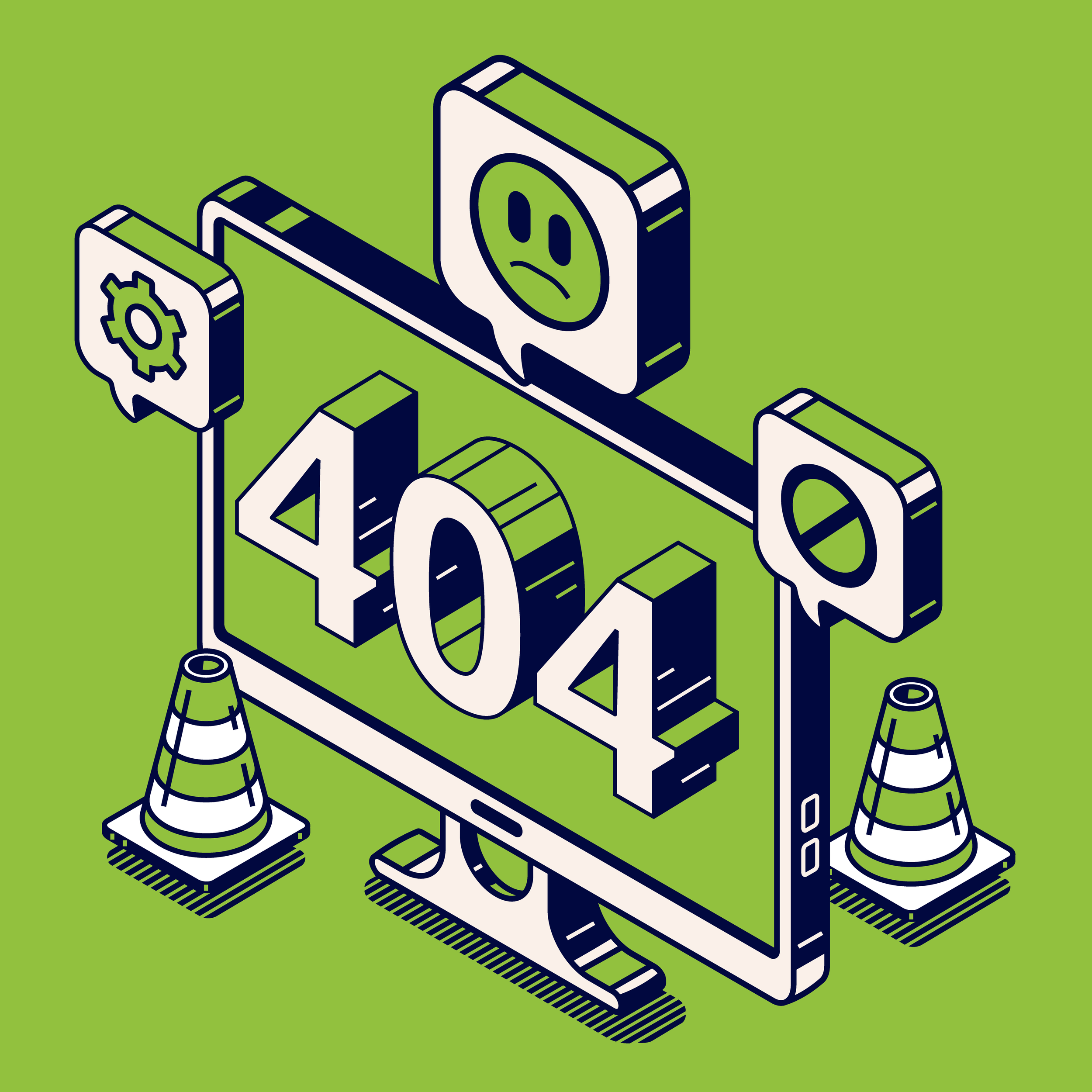 Digital illustration of a computer monitor displaying the numbers 404, with construction cones and speech bubbles showing a sad face and a gear icon, on a green background.