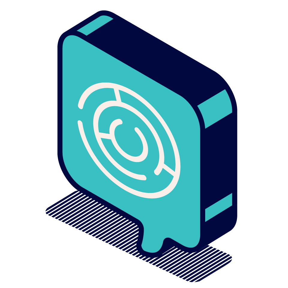 Isometric illustration of a tech device with a radar or sonar display on its screen, depicted in shades of blue.