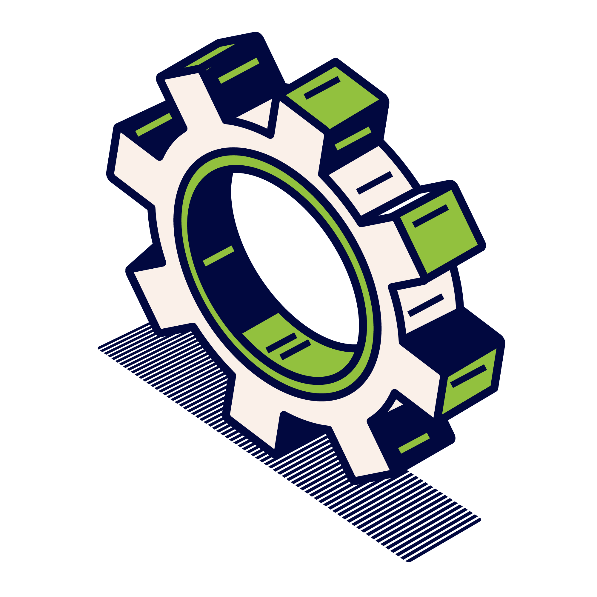 Illustration of a gear with green and white highlights, set against a black background.