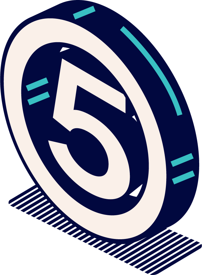 Isometric illustration of a circle with the number five inside.