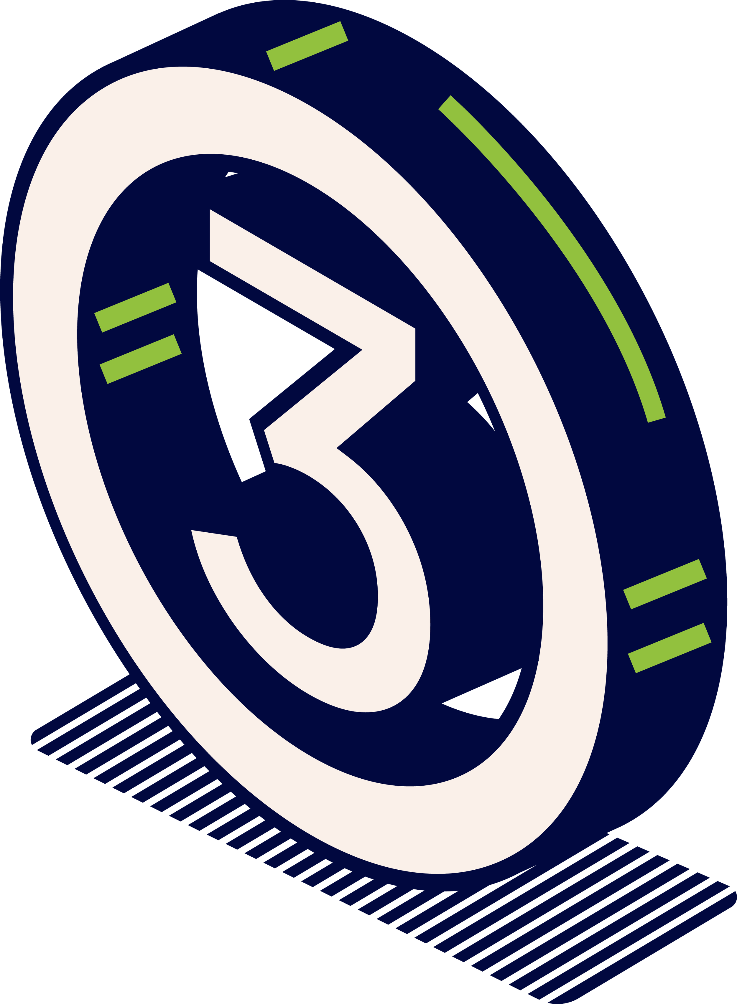 Isometric illustration of a circle with the number three inside.