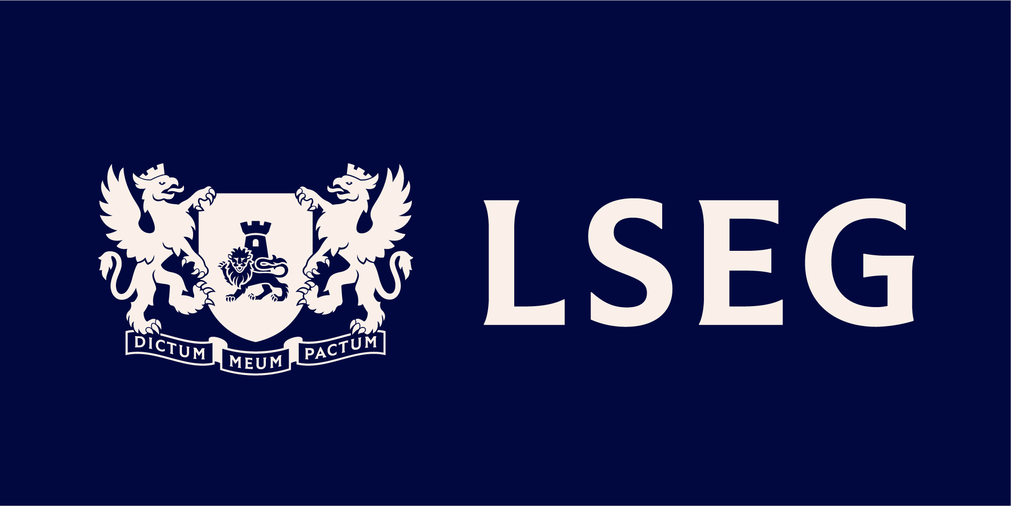 The image shows a blue background with a white crest featuring two lions holding a shield, and the text 'LSEG' to the right of the crest.