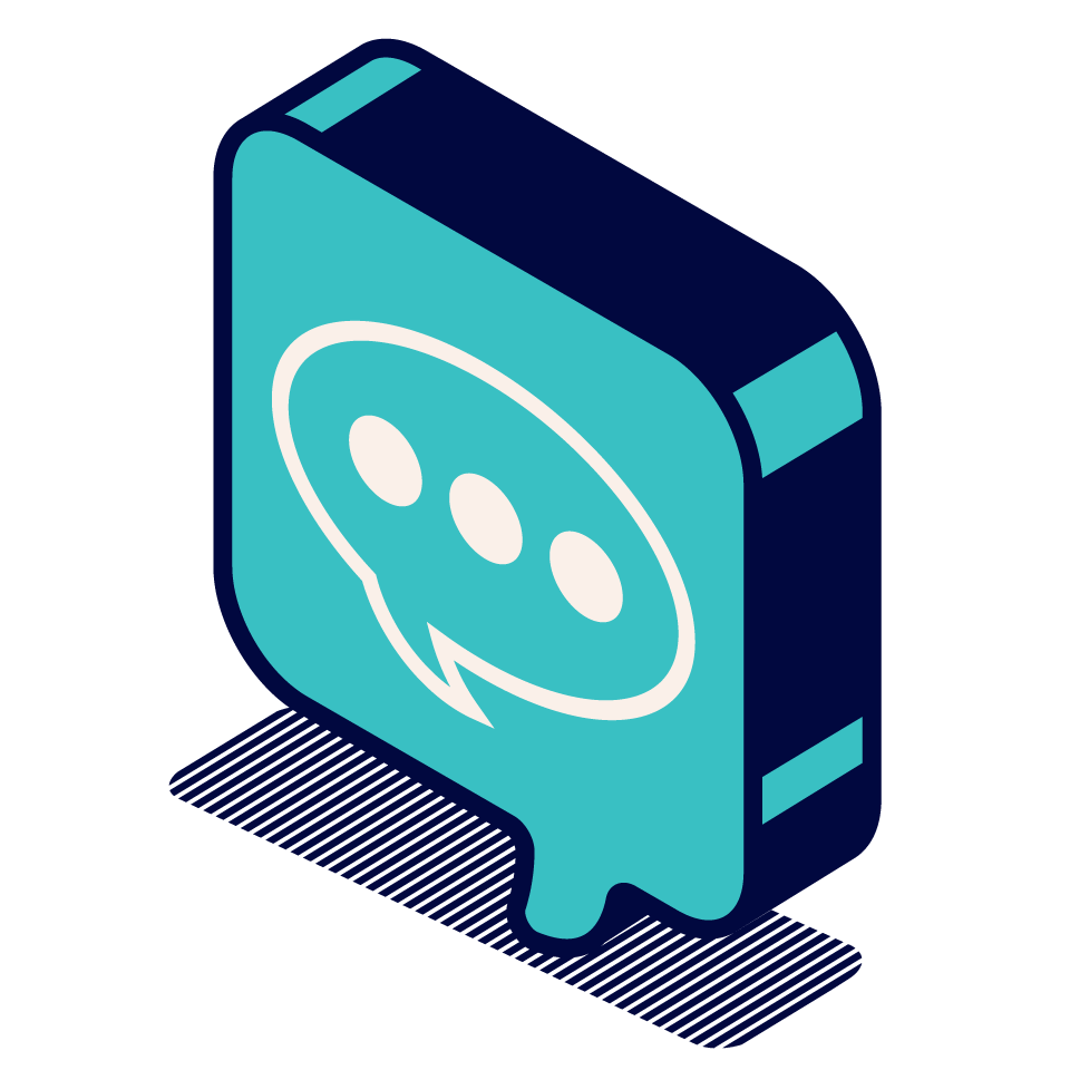 Isometric illustration of a tech device with a speech bubble and three dots display on its screen, depicted in shades of blue.