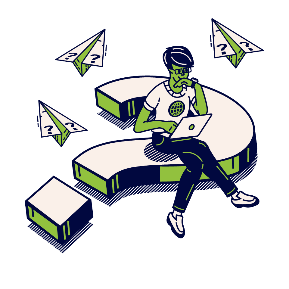 A person sitting at a round table using a laptop, surrounded by floating papers with question marks and a closed box nearby, appearing to be thinking or pondering.