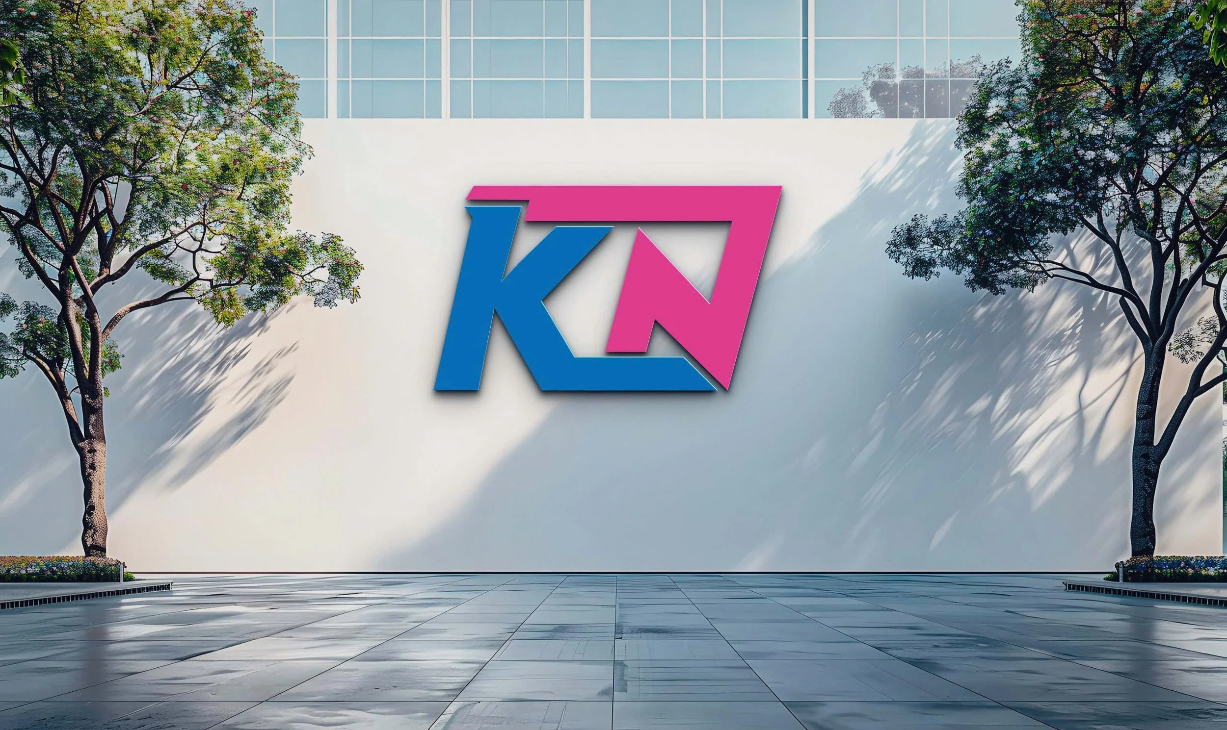 Modern building with logo on white wall, two trees on either side of the logo, glass windows above.