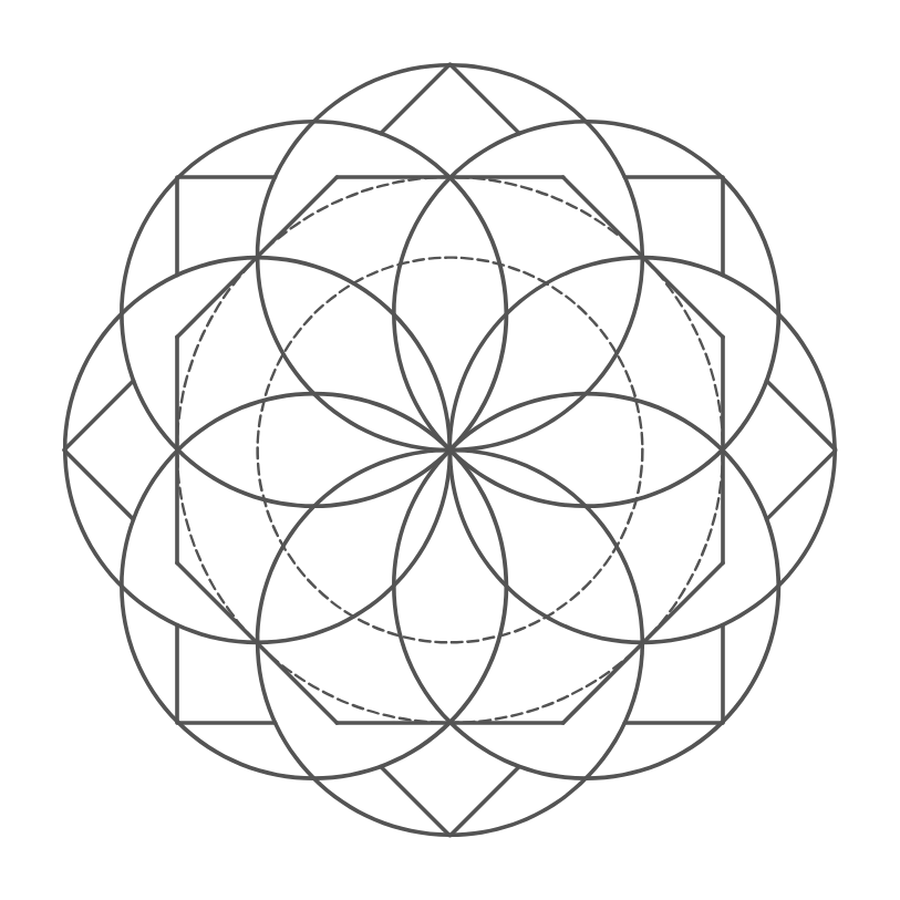 A geometric pattern featuring intersecting circles, squares, and hexagons arranged in a symmetrical design on a black background.