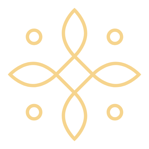 A symmetrical decorative design with gold-colored lines forming a central diamond shape, surrounded by four leaf-like shapes and four small circles on a black background.