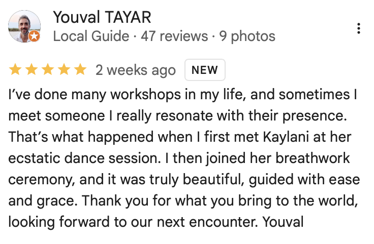Screenshot of a Google review written by Youval TAYAR, praising a dance session and breathwork ceremony, with a five-star rating.