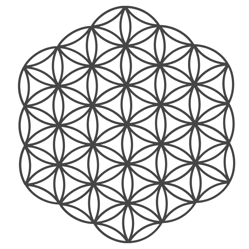 Black geometric pattern resembling interconnected circles and petals forming a complex floral design on a dark background.