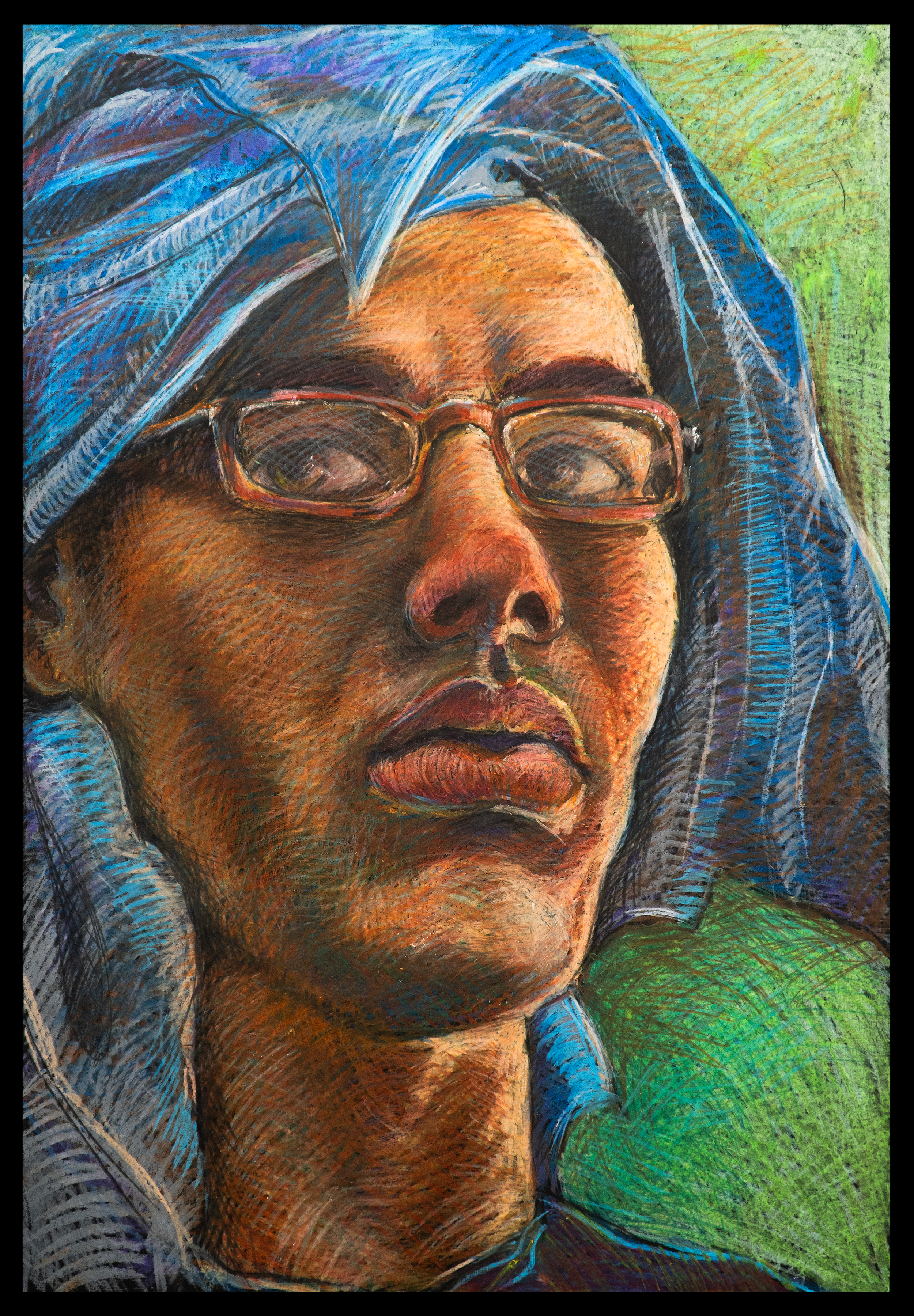  SELF-PORTRAIT_03  (Blue Towel on Head)   2009 Oil Pastel on Hard Cardboard Paper 840×900mm 