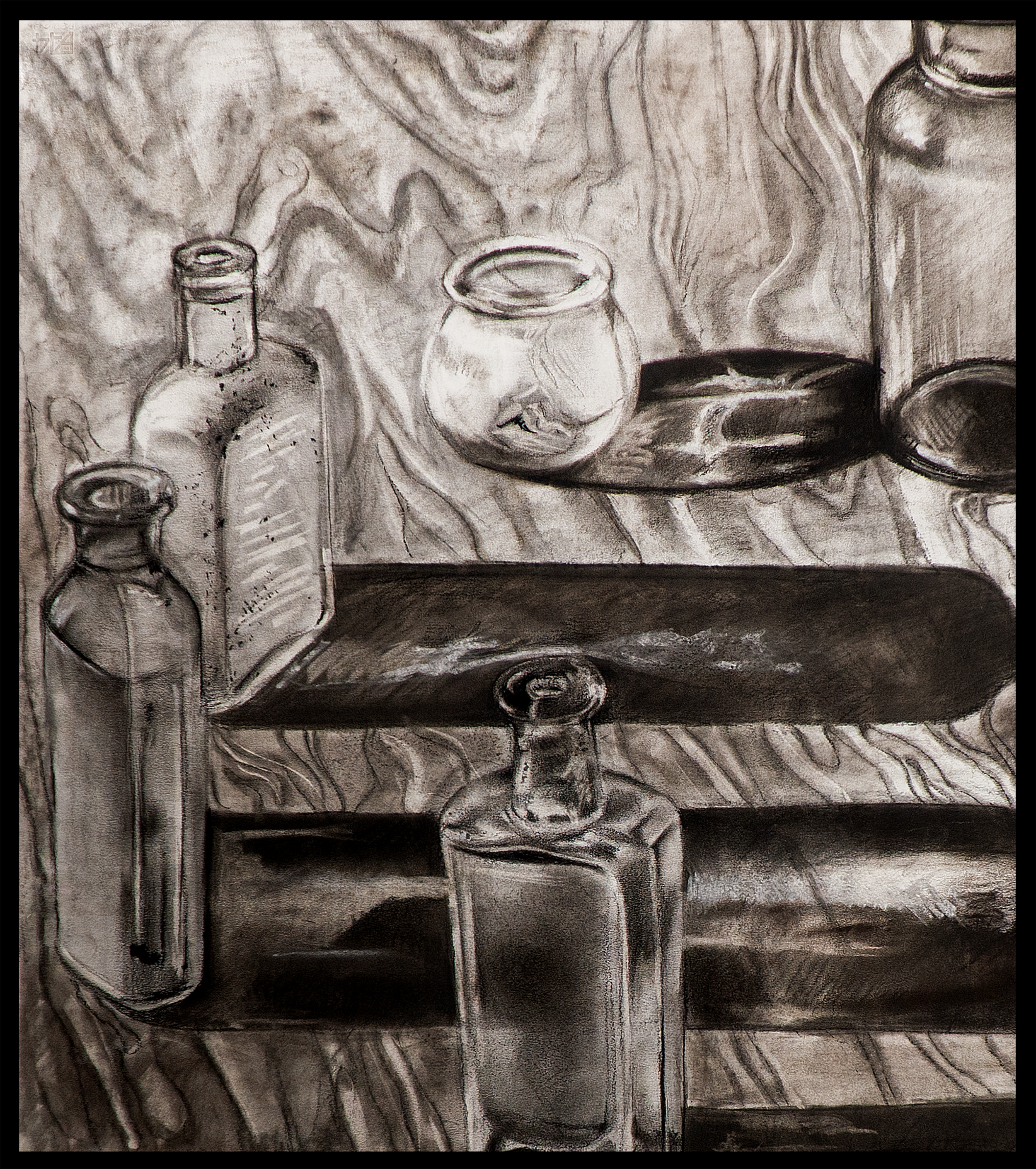   Bottles on Wooden Table  2008 Charcoal on Fabriano Paper 2000×2000mm 