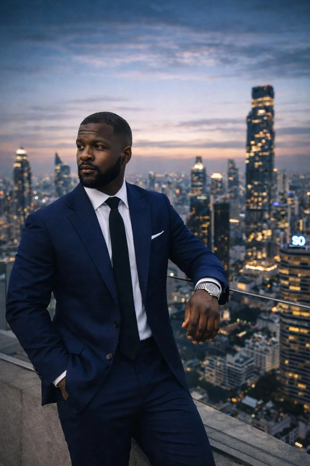 A man in a navy blue suit and tie standing on a rooftop overlooking a city skyline during dusk, with tall skyscrapers and city lights in the background.