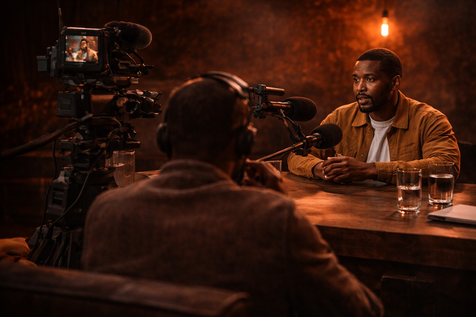 A man is speaking into a microphone during an interview in a dimly lit room, with a camera and another person with headphones in the foreground.